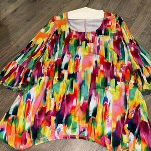 Slinky Brand Pink and Yellow Oversized Graphic Blouse